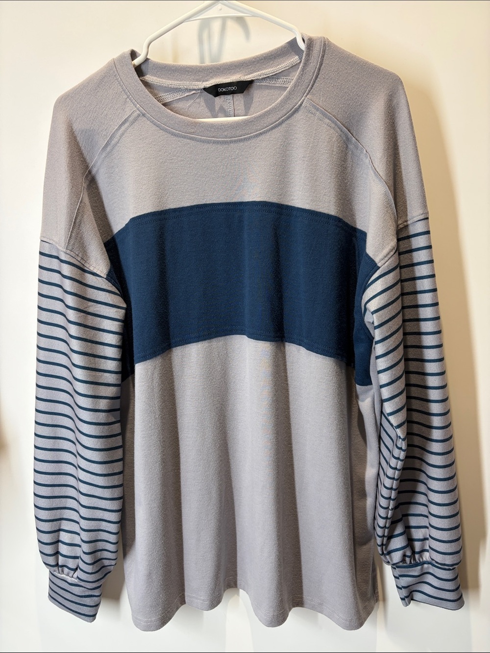 Dokotoo Crewneck Sweater in Light Gray and Navy Chest Panel